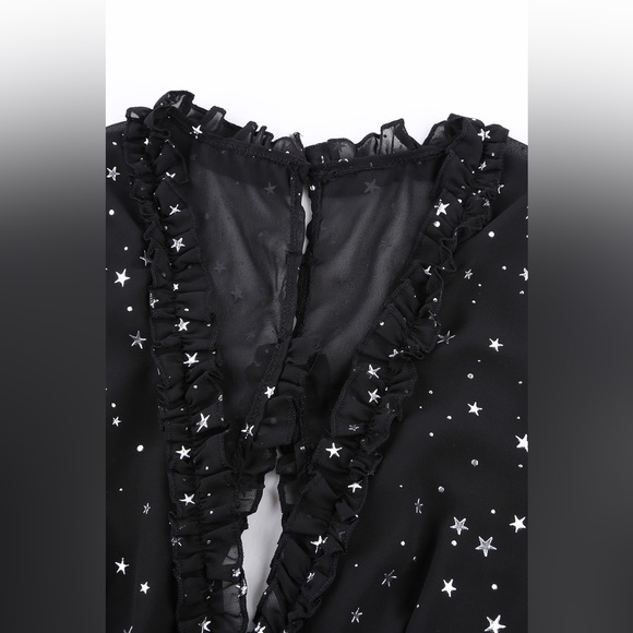 Glitter Stars V-Neck Backless Long Sleeve Ruffle Mini Dress - Witch’s Costume - Picture 9 of 16